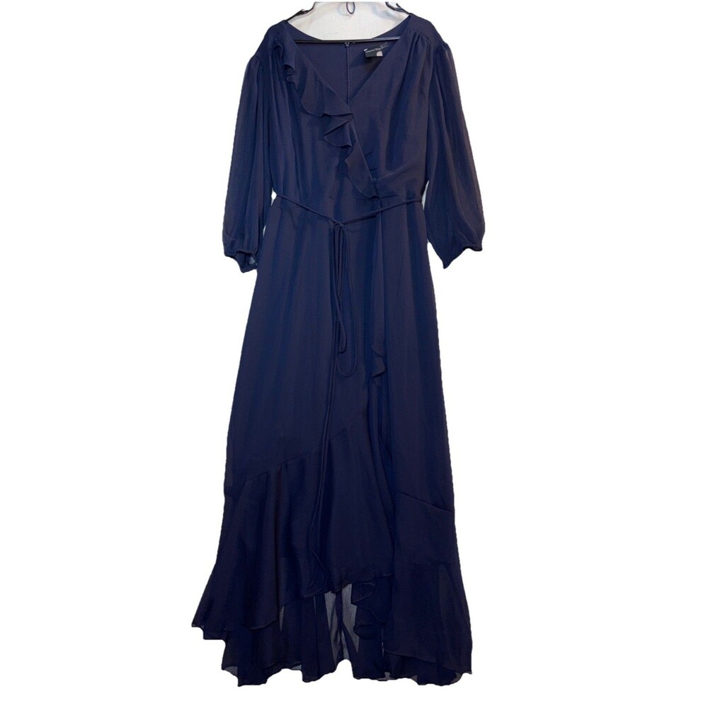 Maison Tara Dress 20W  Blue Long V Neck 3/4 Sleeve Ruffle Flowy Evening Formal